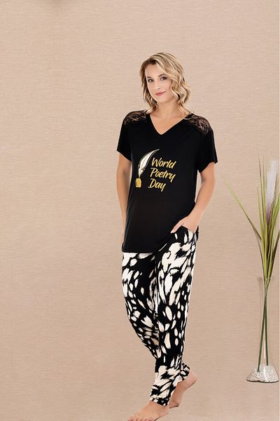 Lady Lingerie Set pijamale de damă cu mâneci scurte și decolteu în V cu detaliu pe umeri
