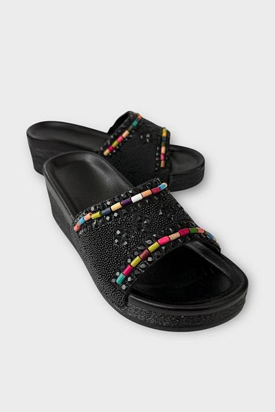 Liger Women's Black Summer Slippers, Stone Wedge Heel and Shlik Home and Holiday Style