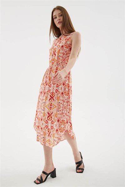 Fashion Friends Patterned Viscose Dress in Ecru Color
