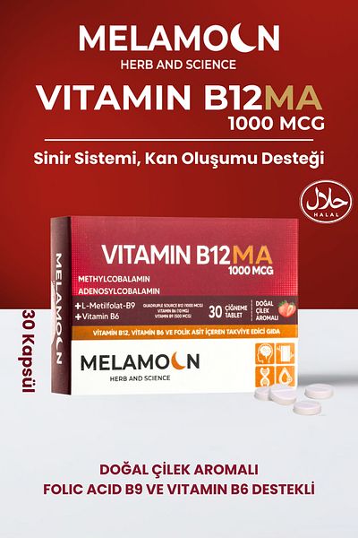 Melamoon Support for Nerve and Blood Formation - B12, B6 and Folic Acid 1000Mcg 30S