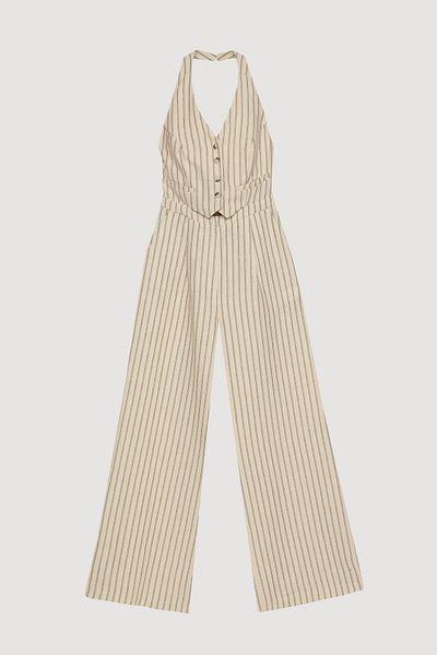 Quzu Halter Neck Striped Long Jumpsuit Natural