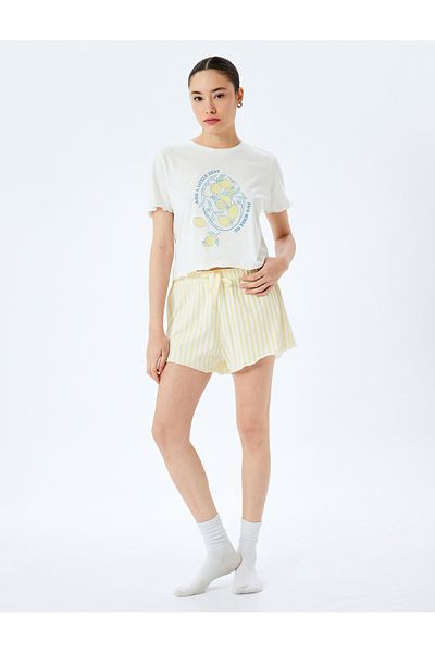 Koton Cotton Lemon Printed Short Sleeve Knitted Pajama Set with Shorts