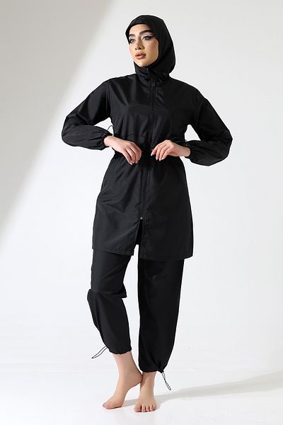 ZEYCEN Women's Hijab Full Covered Zipper Detail 4 Piece Parachute Swimsuit