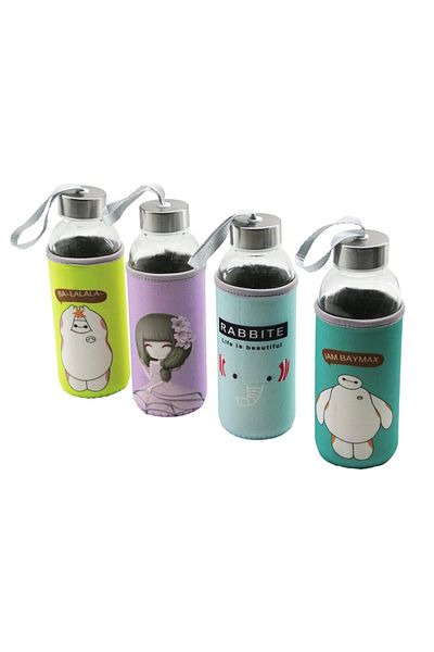 Amazex Store Glass Bottle Flask Water Bottle with Illustrated Cloth Case - Carrying String 420ml Chrome Plated Pls.Cover (4172)