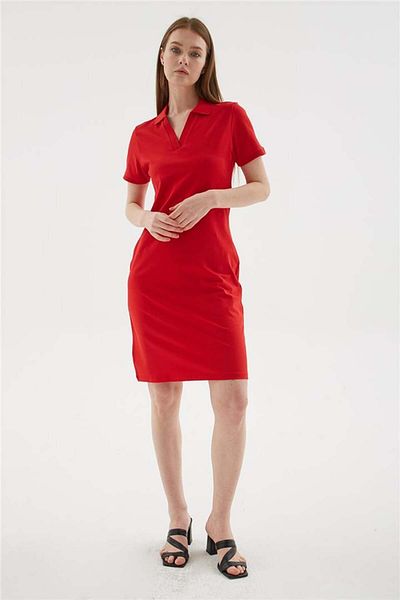 Fashion Friends Polo V-Neck Short Sleeve Dress Red