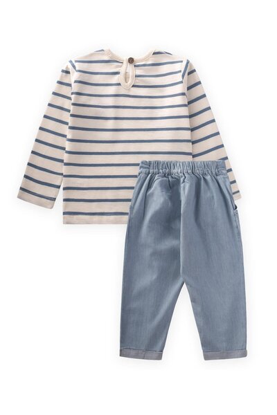 Cigit Indigo Striped Applique Embroidered Denim Trousers Seasonal Suit 1-6 Years