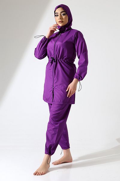 ZEYCEN Women's Hijab Full Covered Zipper Detail 4 Piece Parachute Swimsuit