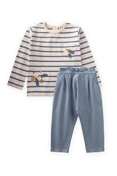 Cigit Indigo Striped Applique Embroidered Denim Trousers Seasonal Suit 1-6 Years