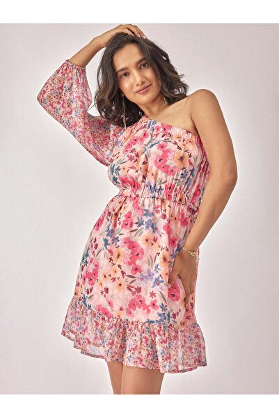 The Label Life فستان شيفون مزهر بكتف واحد أنيق وفضفاض