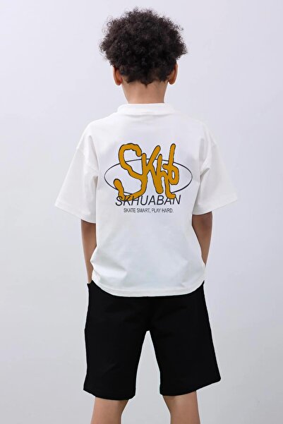 Perendi Oversize Boy's Shorts & T-Shirt Set - Άνετο και κομψό εκρού & μαύρο