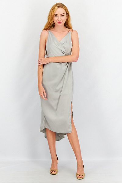 Yaura Women Plain Wrap Midi Dress, Grey