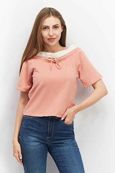 Tribe of 6 بلوزة نسائية برقبة قارب وأكمام قصيرة وتفاصيل برباط، لون وردي باهت