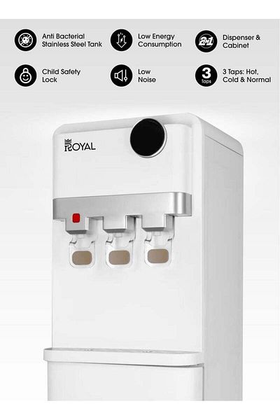 Royal موزع مياه قائم مع خزانة/ 3 صنابير ساخن وبارد وعادي/ RA-WD300-WCW أبيض