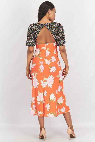 Asos Design Women Floral Print Short Sleeve Cutout Maxi Dress, Orange