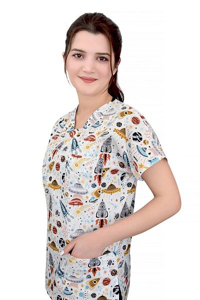 Nur Medikal Giyim Unisex White Master Lycra Planet Themed Cotton Single Top Jersey