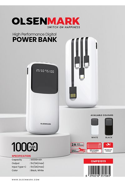 Olsenmark Power Bank 10000mAh Quick Charge OMPB1819 Battery 4 Types of Cables