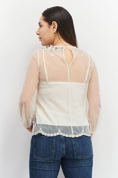 French Connection Women Crew Neck Long Sleeve Textured Top, Classic Cream