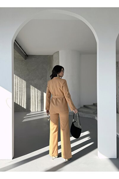 MYGİYİMİSTANBUL Bağlamalı Blazer Ceket Bol Paça Pantolon Takım
