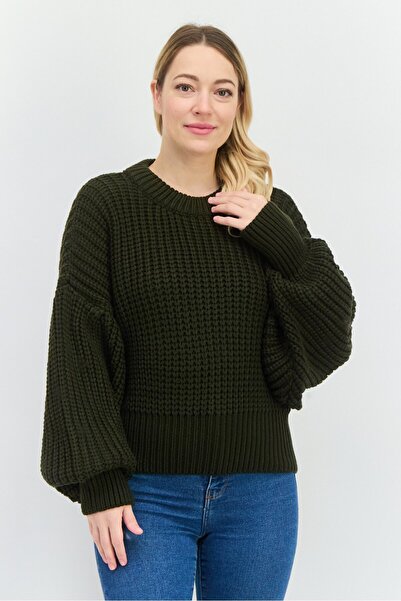 En Saison Women Crew Neck Long Sleeve Knitted Sweater, Dark Green