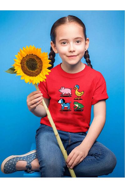 WİDİ Cute Animals Printed Duck Pig Dog and Frog Regular Fit 100% Cotton Kids Red T-Shirt
