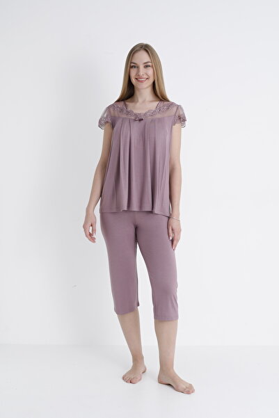 Cotpark Γυναικείο σετ βισκόζης χτενισμένο ύφασμα με κοντό μανίκι κάτω από το επάνω μέρος δαντέλα Capri 14640