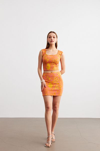 Trendseninle Women's Orange Jacquard Fabric Square Neck Crop Mini Skirt Suit