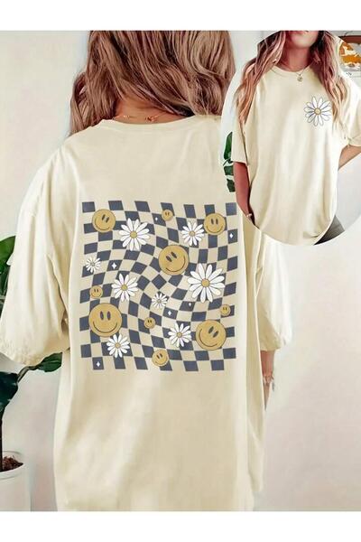 trendgar Tricou unisex oversize bej cu imprimeu margarete pe spate