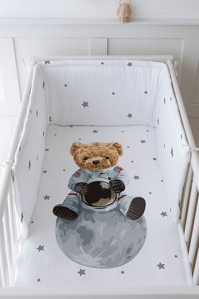 Tuğba Kuğu Baby Bedside Protector and Printed Sheet Sleeping Set - İconic Series - Astronaut Teddy Bear