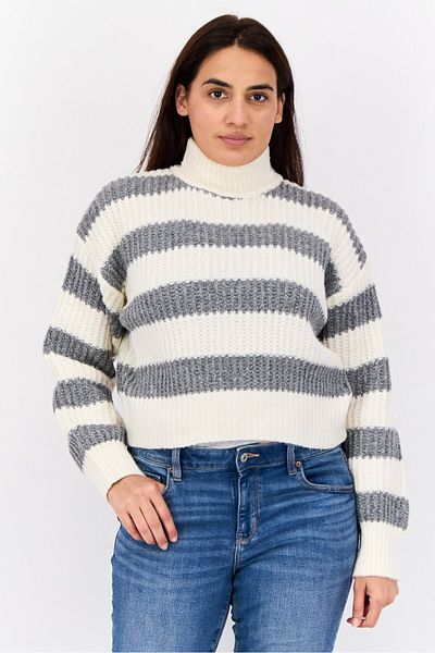 PİNK ROSE Women Mock Neck Long Sleeves Stripe Sweaters, Multicolor