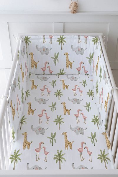 Tuğba Kuğu Baby Bedside Protector and Printed Sheet Sleeping Set - İconic Series - Pink Safari Animals