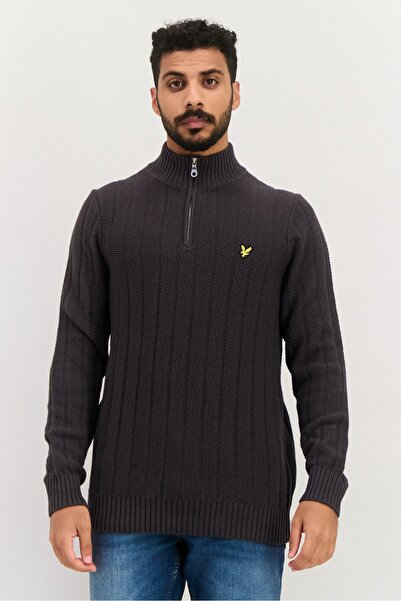 Lyle & Scott سترة رجالية بأكمام طويلة وياقة عالية مطرزة بشعار، رمادي