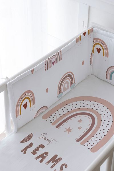 Tuğba Kuğu Baby Bedside Protector and Printed Sheet Sleeping Set - İconic Series - Salmon Star Rainbow