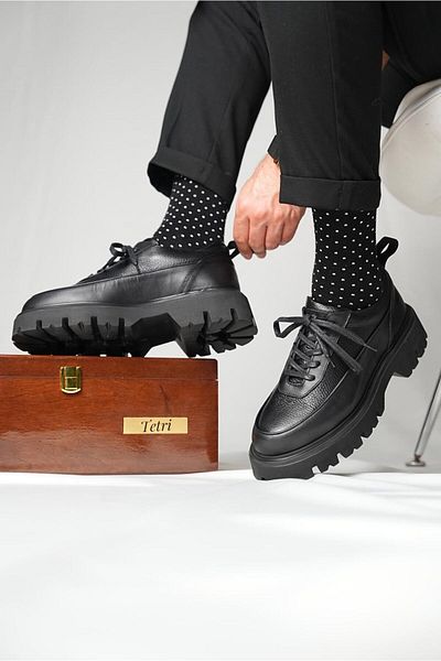 TETRİ Strong Model Genuine Leather Handmade Men's Black Casual Shoes