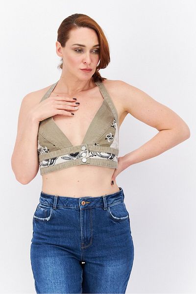 BOOHOO Women Halter Neck Sleeveless Printed Bralette Tops, Grey Combo