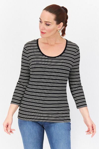 ZERO Women Round Neck Long Sleeves Stripe Top, Black Combo