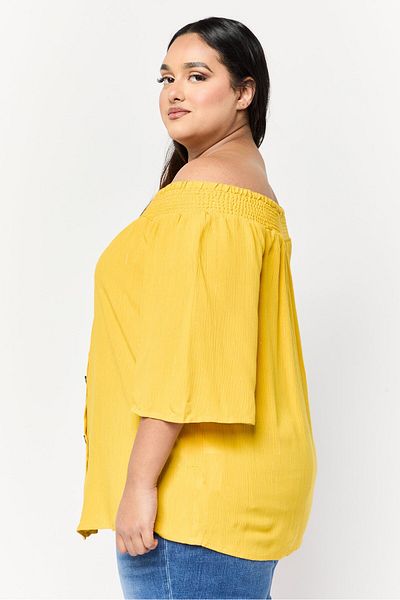 DeFacto Women Off Shoulder Neck Short Sleeves Metallic Top, Mustard
