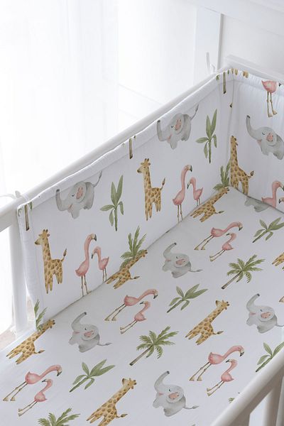 Tuğba Kuğu Baby Bedside Protector and Printed Sheet Sleeping Set - İconic Series - Pink Safari Animals