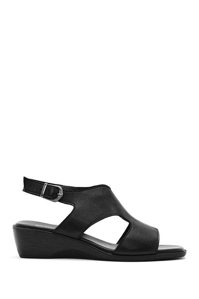 Derimod Women's Black Wedge Heeled Leather Sandals 25Sfd 153218