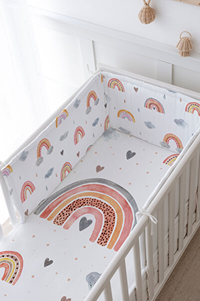 Tuğba Kuğu Baby Bedside Protector and Printed Sheet Sleeping Set - İconic Series - Salmon Rainbow