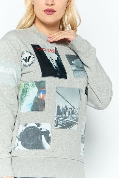 Emporio Armani Women Crew Neck Graphic Long Sleeve Sweatshirt, Grey