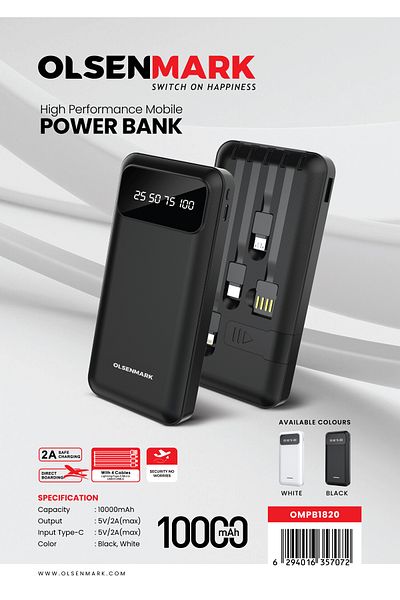 Olsenmark 1000 Mah High Performance Digital Power Bank Ompb1820 Fast And Safe Charging, Lightning