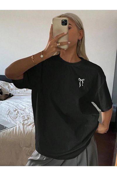 trendgar tricou unisex oversize negru cu imprimeu alb cu fundita