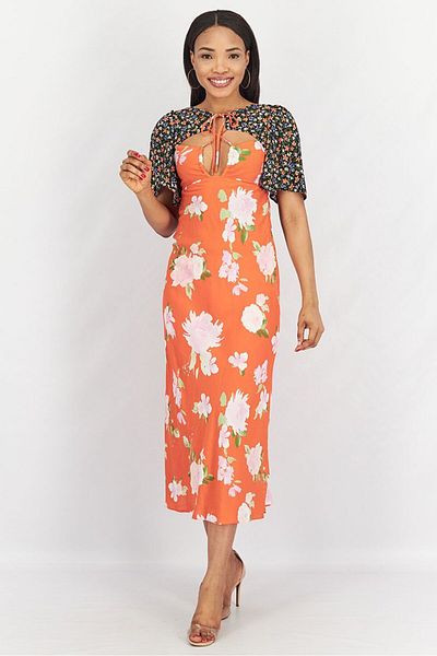 Asos Design Women Floral Print Short Sleeve Cutout Maxi Dress, Orange