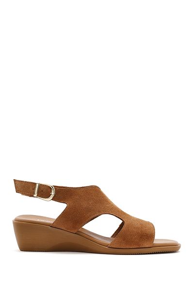 Derimod Women's Tan Ankle Buckle Wedge Heeled Suede Leather Sandals 25Sfd 153210