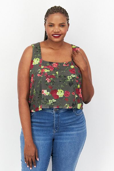 Bar III Women Plus Size Square Neck Sleeveless Floral Print Top, Olive Combo