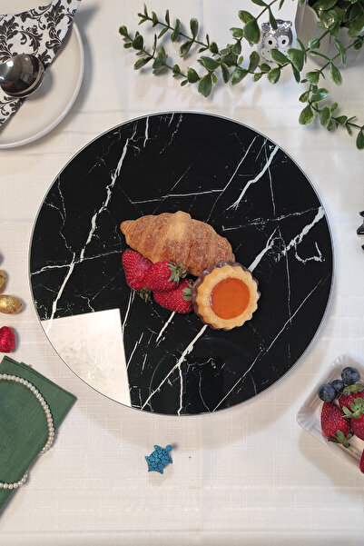 Sunum360 Beyaz Damarlı Siyah Mermer, Dönen Standlı Lüx Servis Sunum Tabağı, D...