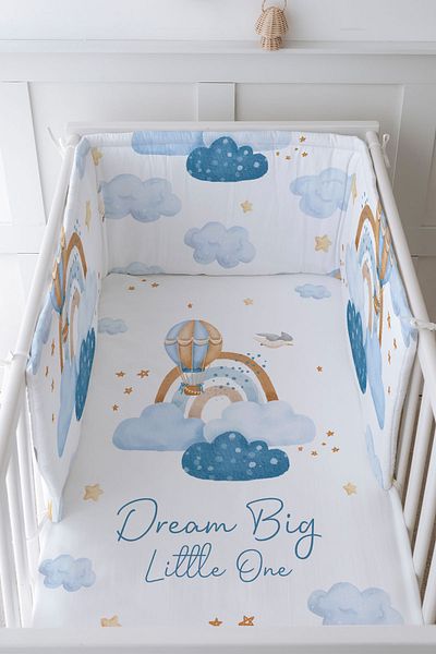 Tuğba Kuğu Baby Bedside Protector and Printed Sheet Sleeping Set - İconic Series - Blue Clouds and Balloon