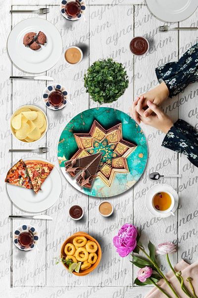 Sunum360 Seljuk Antique Patterned, Luxury Serving Presentation Plate with Rotating Stand, Rotating Cake and Cheese Plate Stand