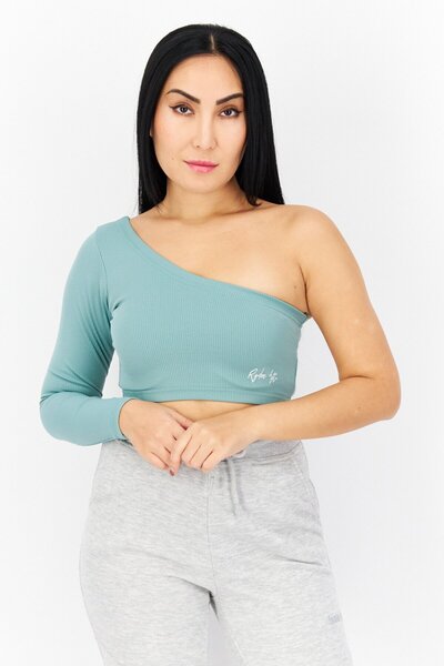 Ryder Act Women Asymmetrical One Shoulder Brand Logo Crop Top, Mid Green