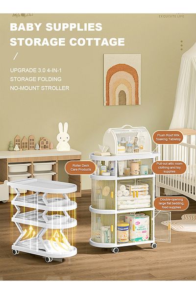 Yeya 3 In 1 Baby Supplies Storage Shelf, 3-Layer Folding And Movable Trolley Shelves For Storage
